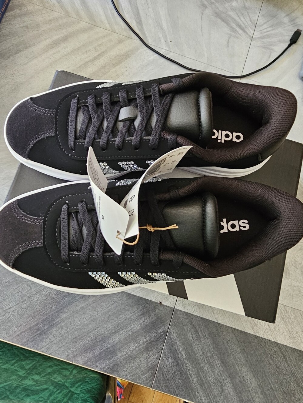 adidas Black Platform Sneakers with Crystal Three-Stripes Unisex Shoes Size 4 - Picture 2 of 7